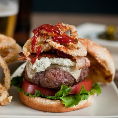 Bacon burger with blue cheese sauce