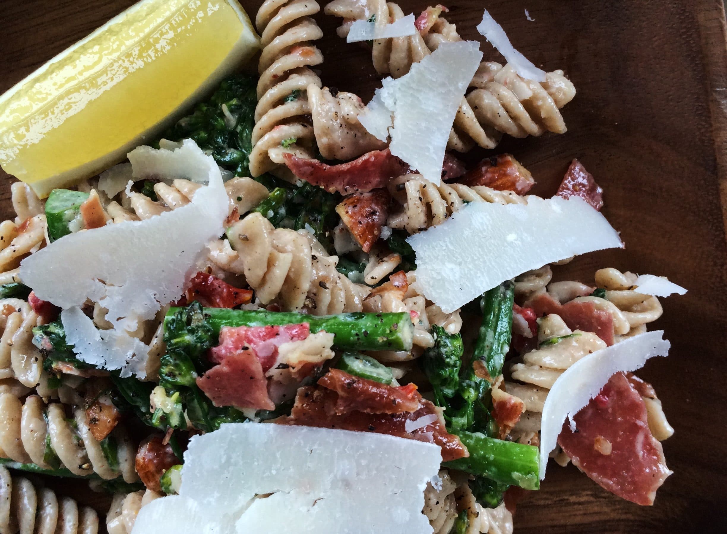 Caesar Whole Wheat Pasta Salad with Crispy Prosciutto