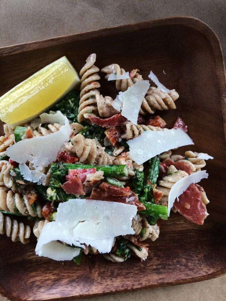 Caesar Whole Wheat Pasta Salad with Crispy Prosciutto