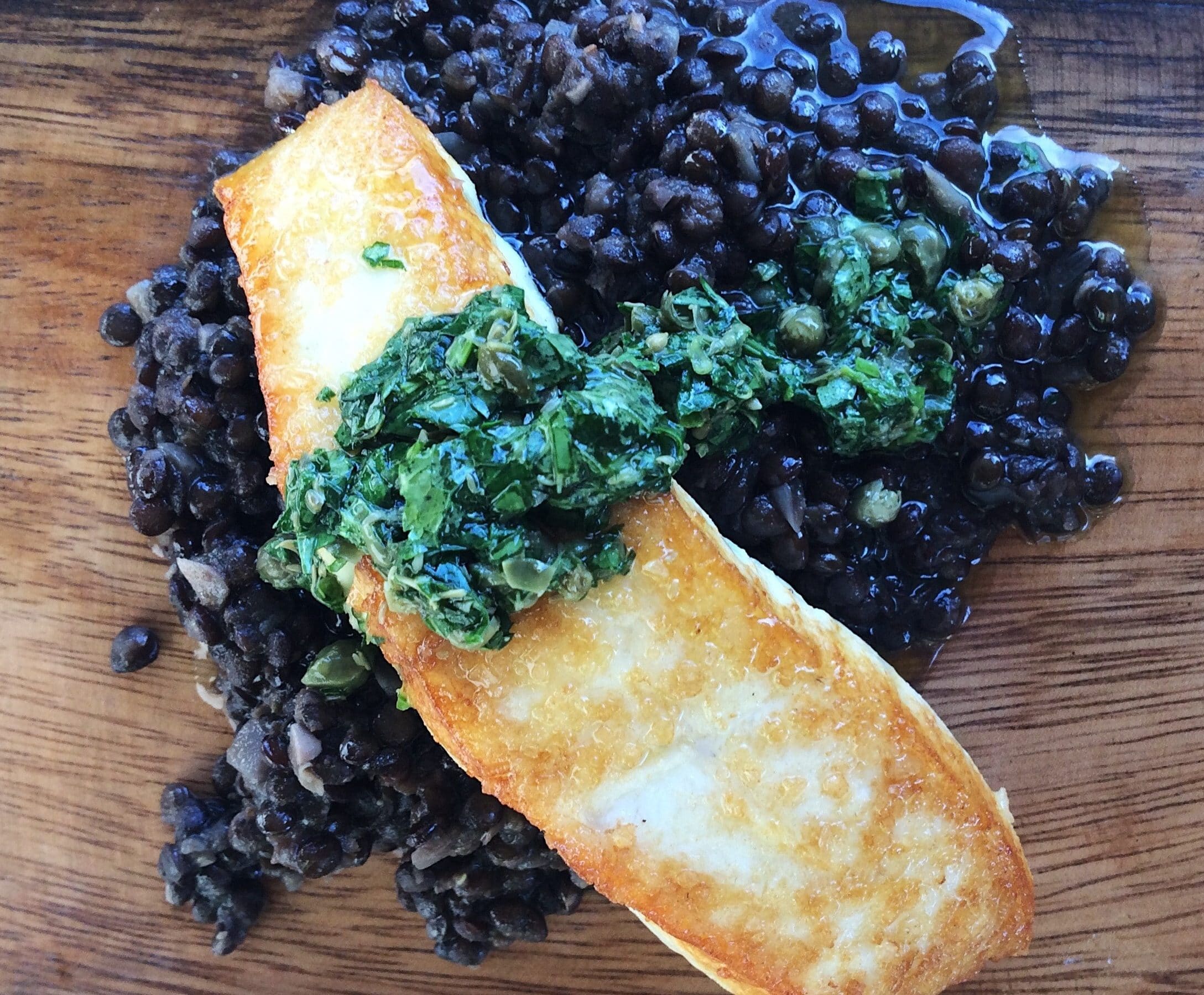 Seared Halibut with Beluga Lentils and Salsa Verde