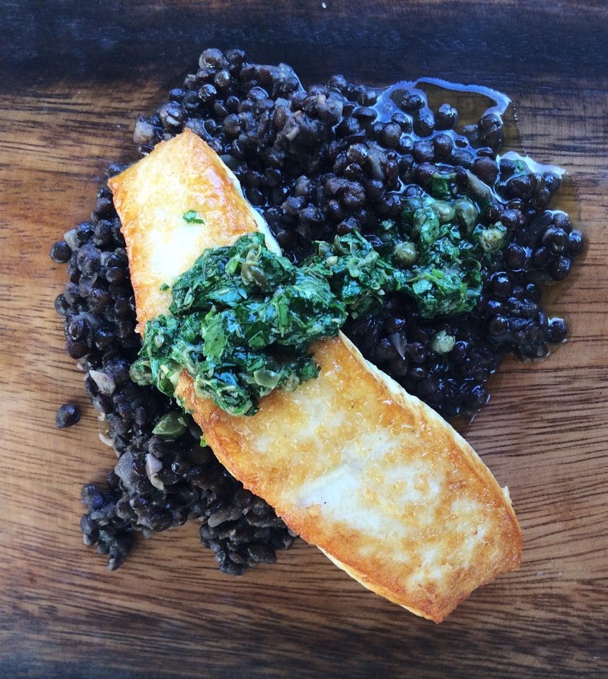 Seared Halibut with Beluga Lentils and Salsa Verde