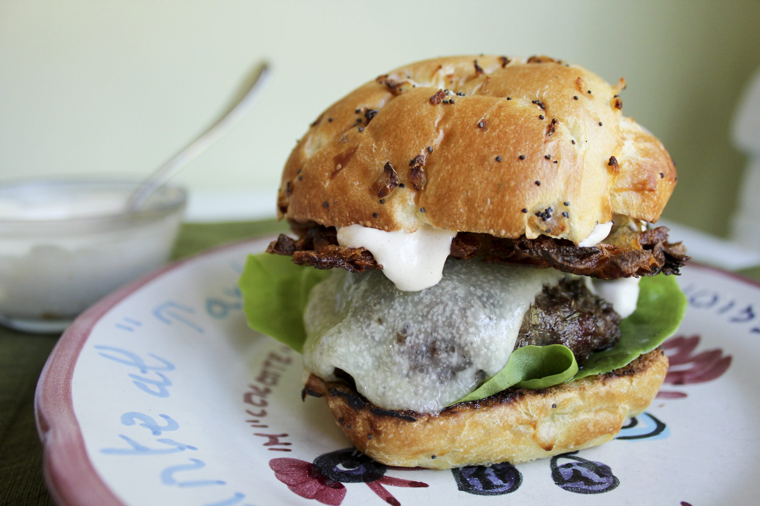 Manchego Lamb Burgers with Fried Potato Chive Cakes