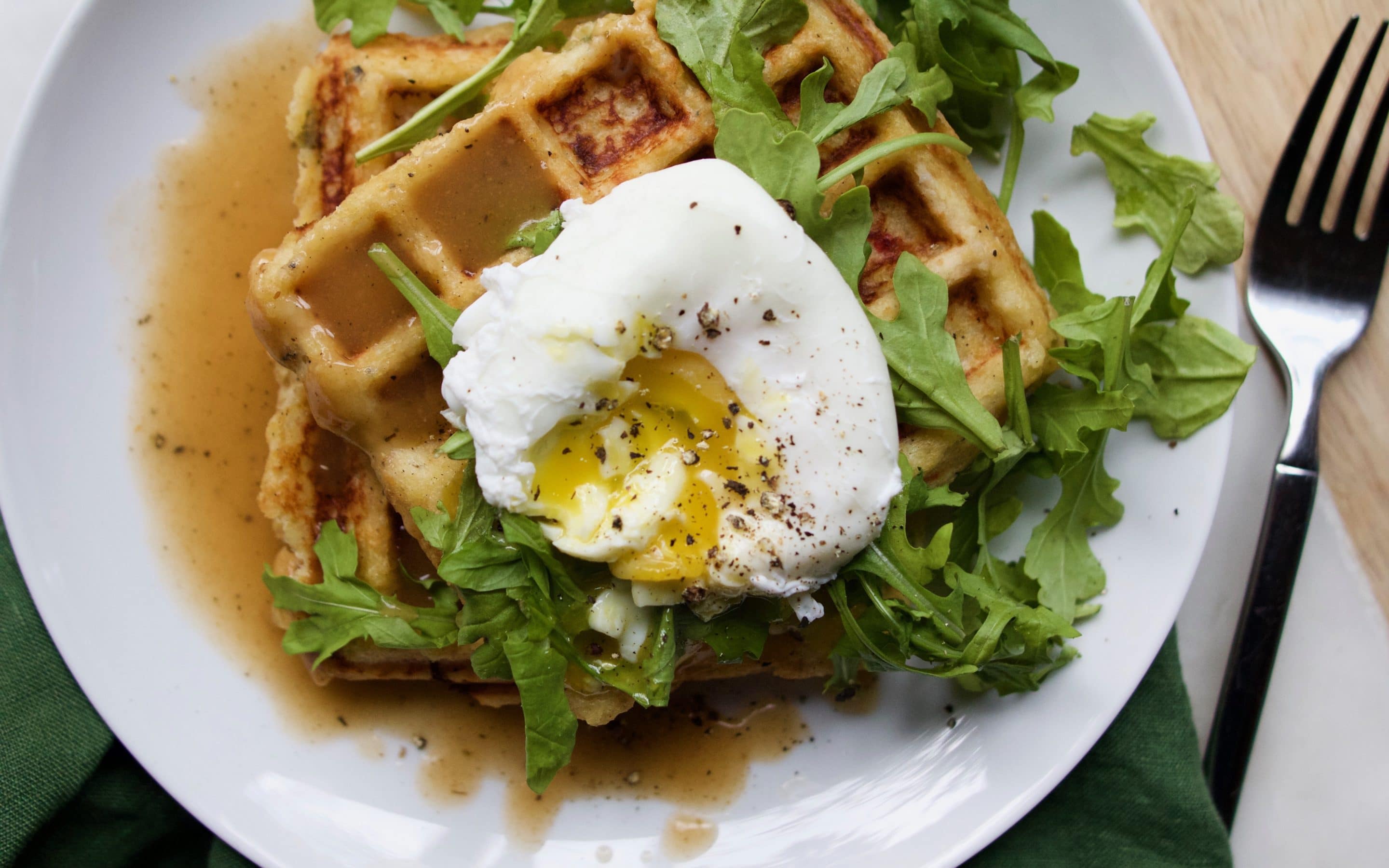 waffle with a poached egg on top