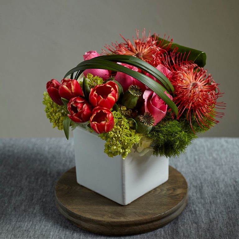Bouquet candy vase glass valentines choose board decoration Roses, Tulips, Hydrangea Bouquet in Square Vase – Portland, OR – Zupan