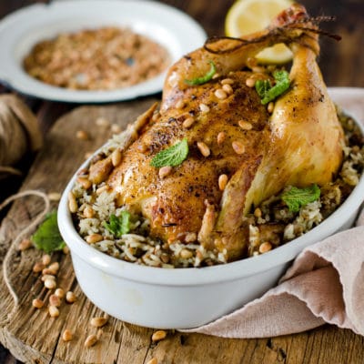 Chicken stuffed with rice and pine nuts