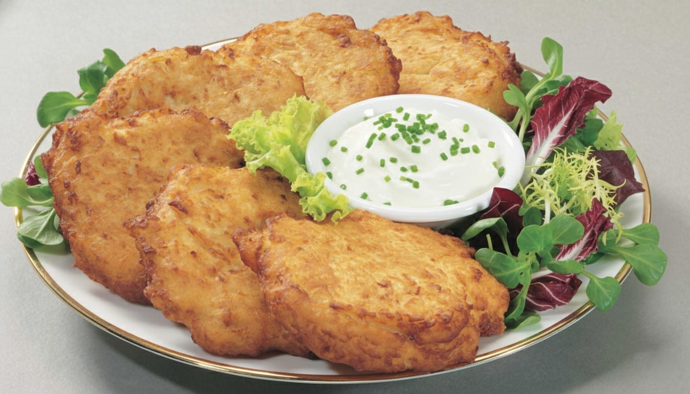 Potato latkes on a plate with sour cream and lettuce