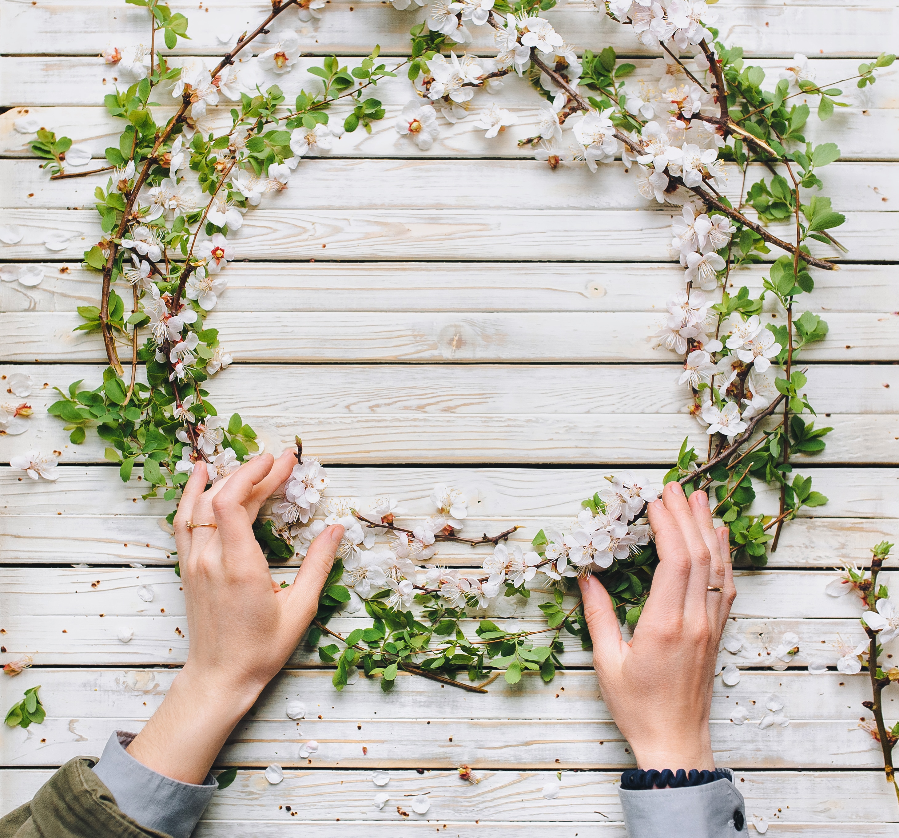 Round frame of spring flowers. Florist makes the composition. A wreath of white flowers and green leaves.