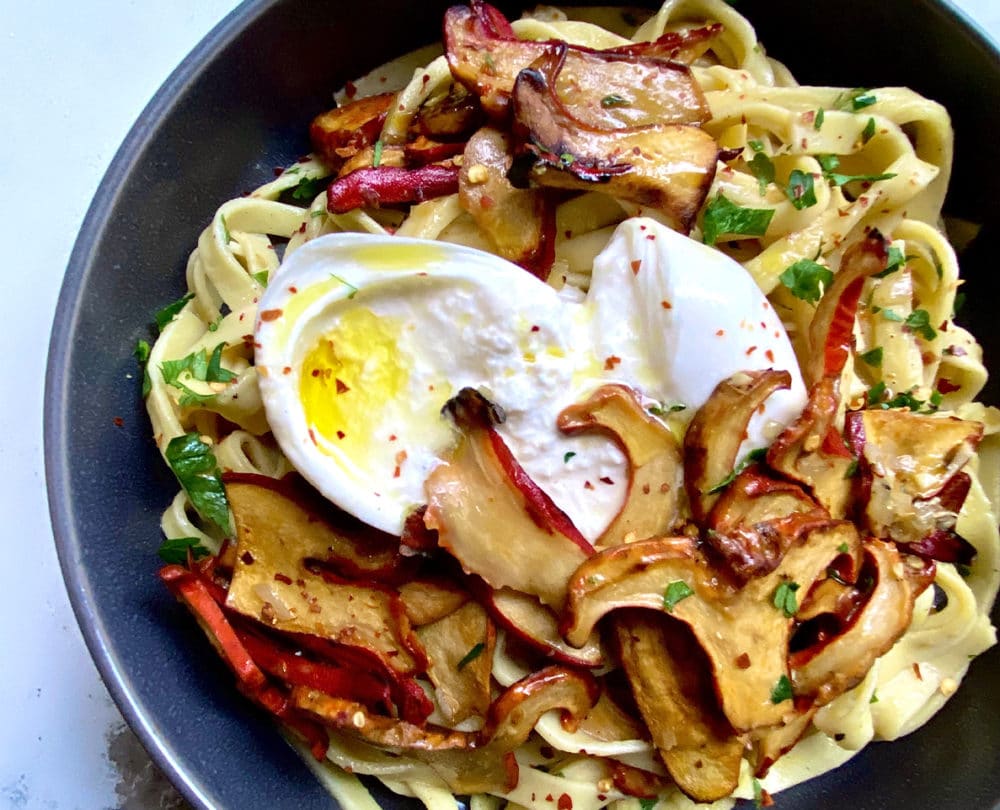 Tagliatelle with Lobster Mushrooms and Burrata
