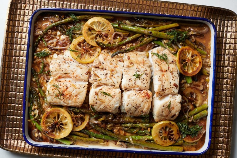 Wine Poached Halibut with Asparagus and Lemons