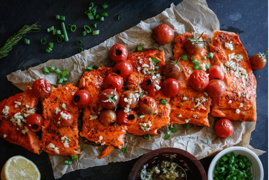 baked salmon and tomatoes from Zupan's