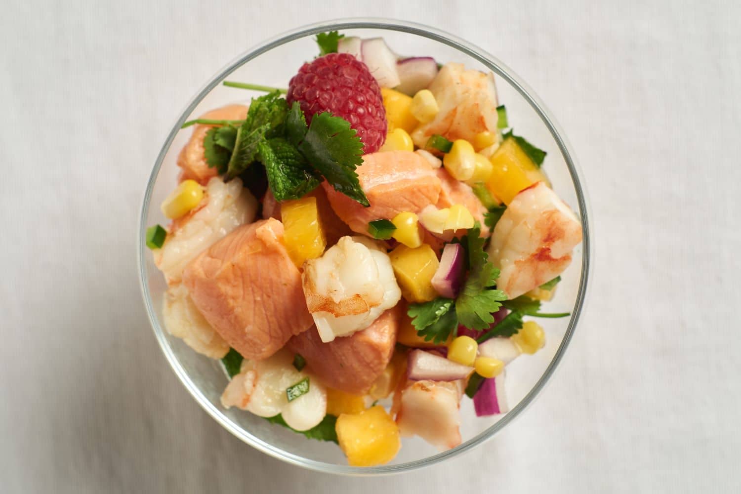 Steelhead ceviche with shrimp, raspberries, corn, and mint