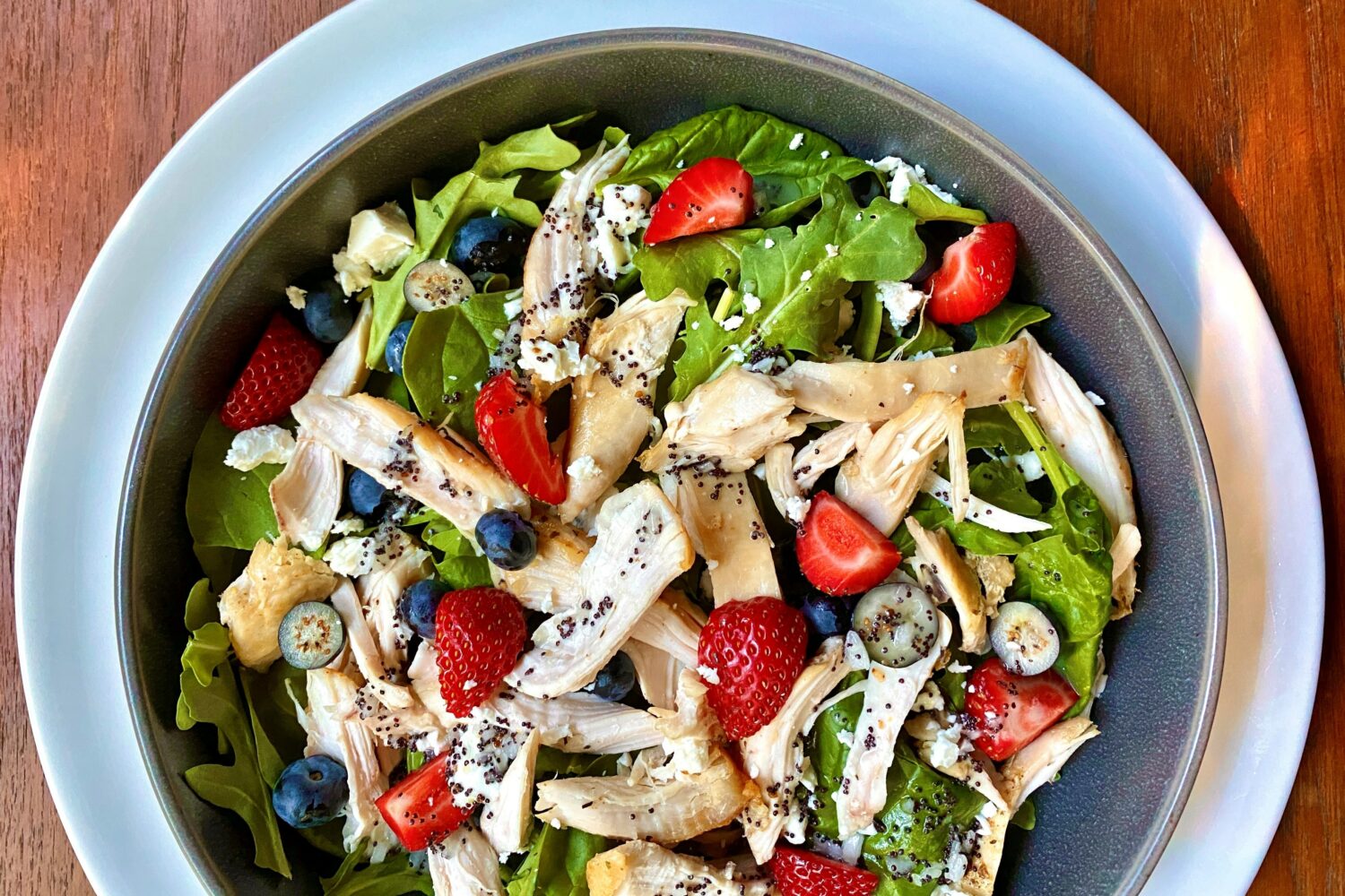 Spinach Salad with Berries, Chicken & Poppy Seed Dressing