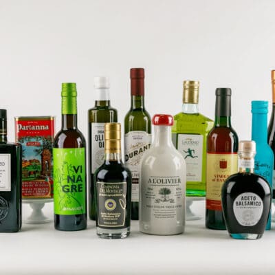 bottles of olive oil and vinegar lined up