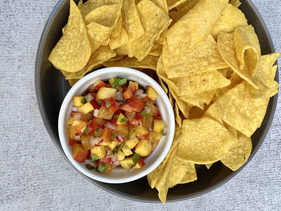 Peach salsa and chips from Zupan's Markets