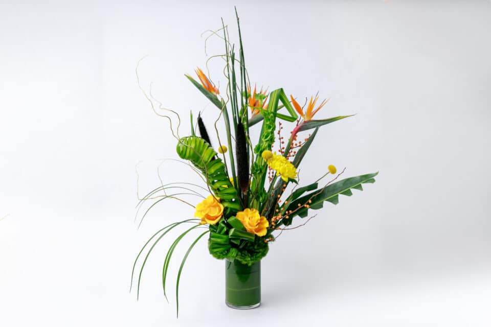 tropical inspired autumn flower arrangement