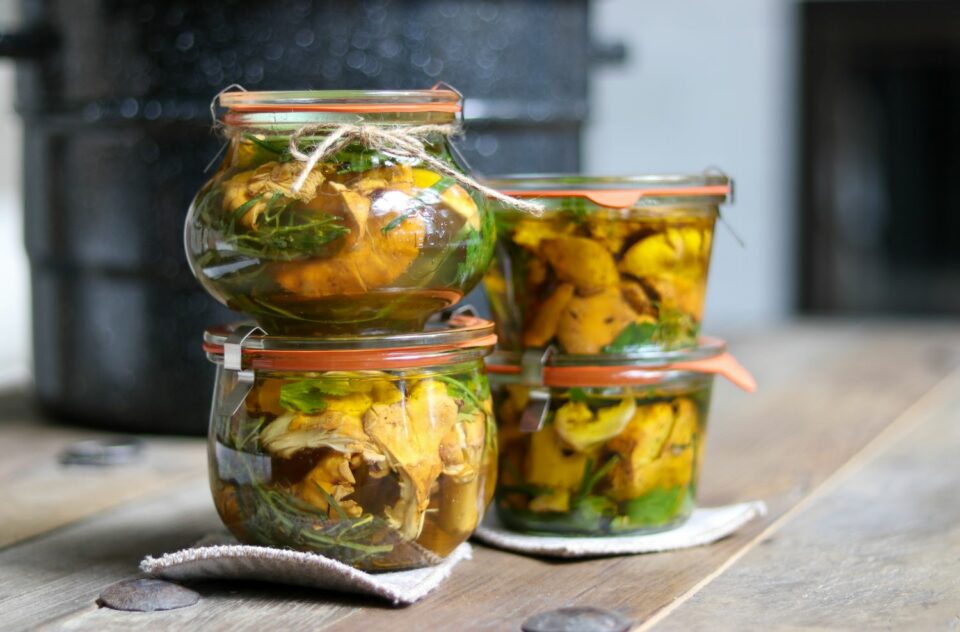 Marinated Chanterelle Mushrooms in glass canning jars