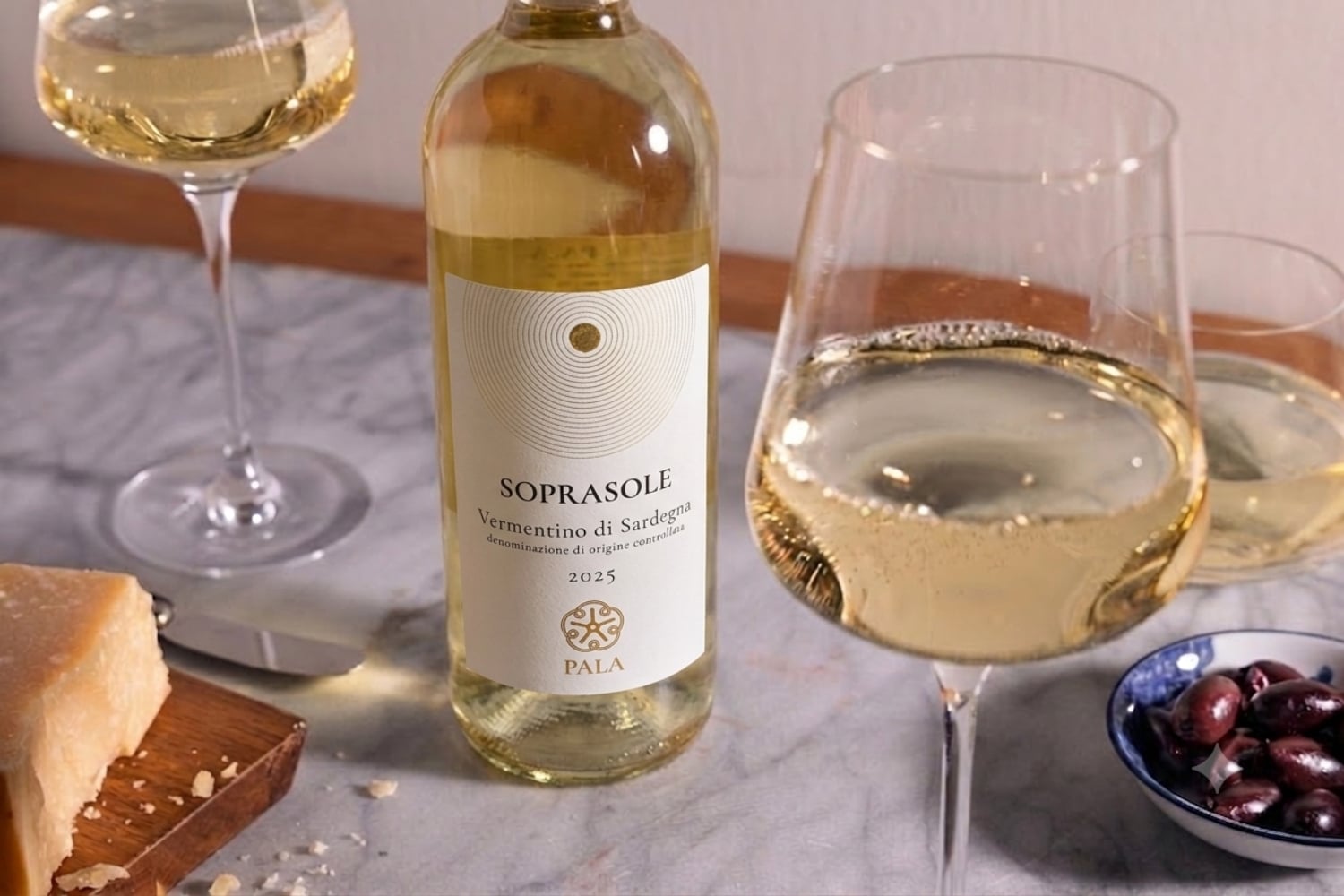 Soprasole White wine with wine glasses and cheese
