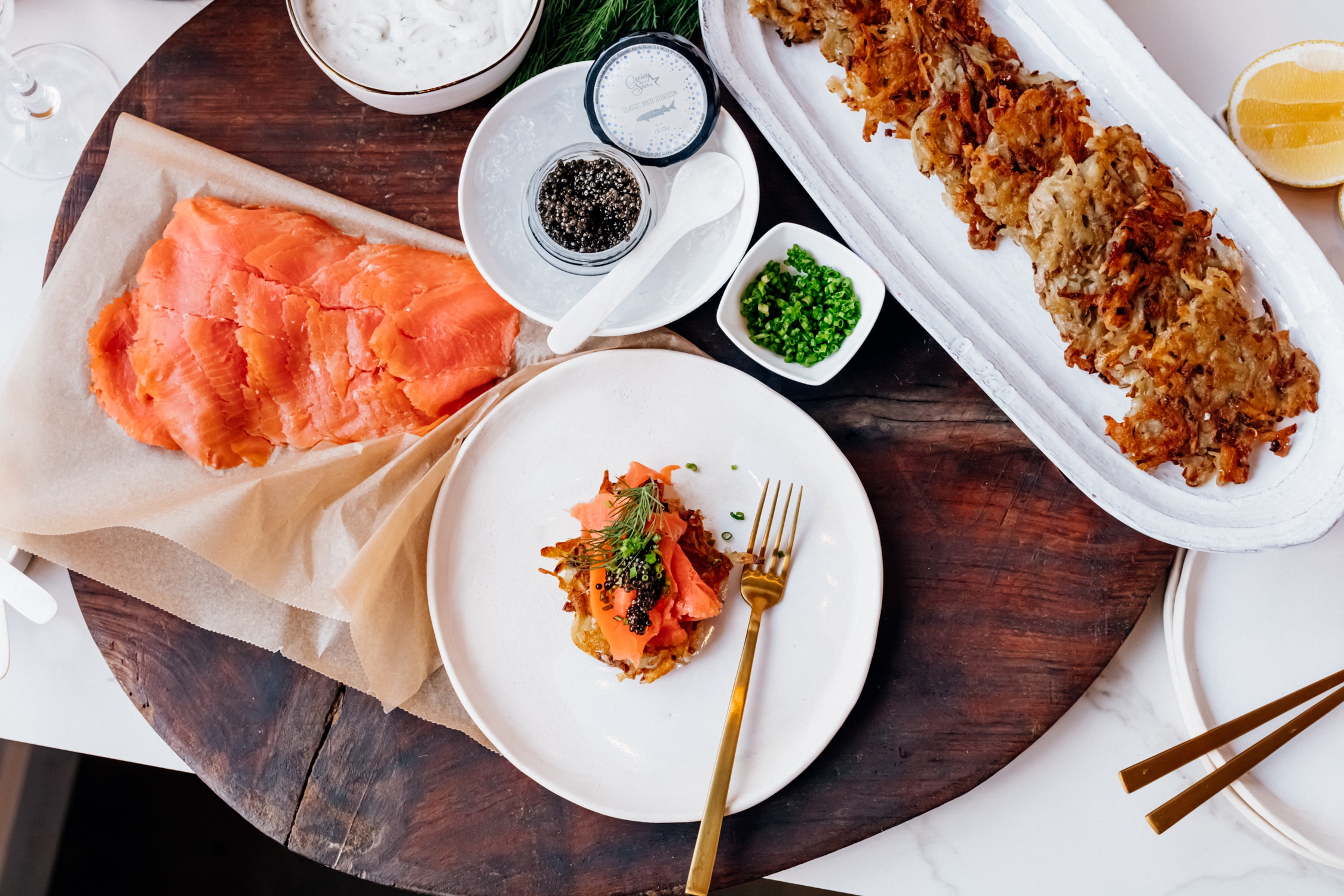 Potato Pancake with Smoked Salmon, California White Sturgeon Caviar and Dill Cream