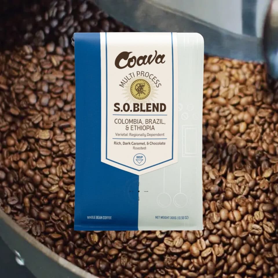 Coava S.O. Blend coffee bag in front of coffee beans