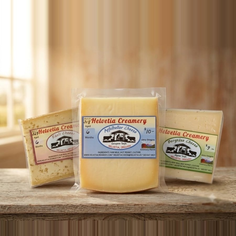 Helvetia Creamery cheese varieties on a wooden table