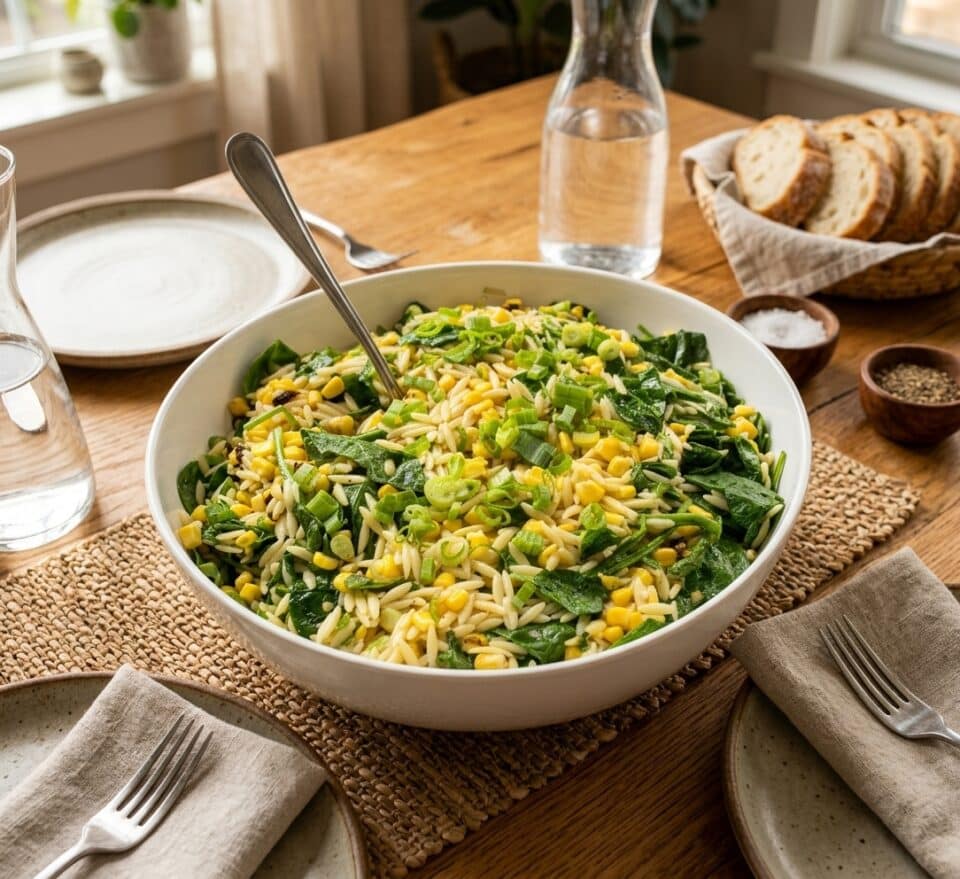 Lemony Orzo with corn and snap peas