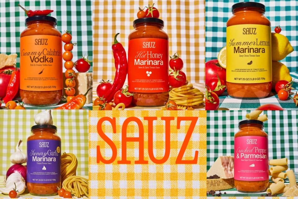 Sauz Tomato Sauce varieties in front of checkered backgrounds