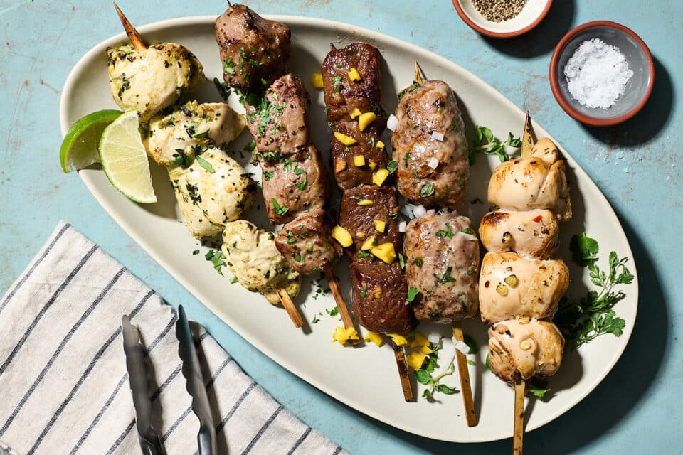 Zupan's Kabobs on a plate on a blue table