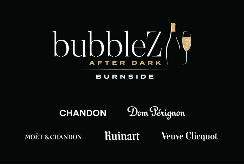 BubbleZ logo on black background with champagne house logos