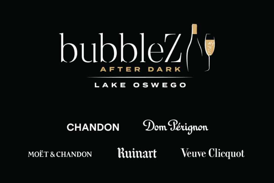 BubbleZ logo on black background with champagne house logos