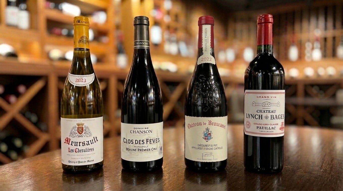 French Wines on a wooden table in a wine cellar